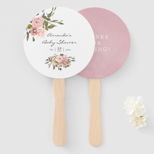 Éventail Aquarelle florale Blush et Baby shower Rose or (Devant et derrière)