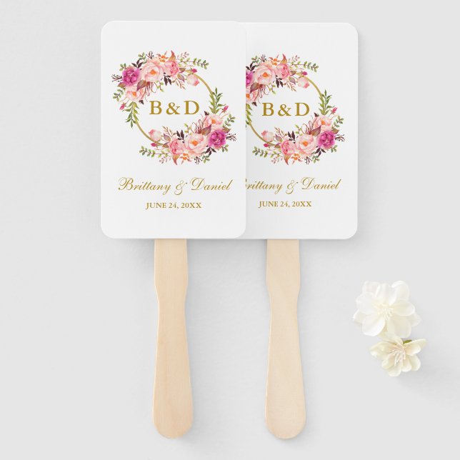 Éventail Aquarelle mariage Rose Rose Rose Blush Floral (Devant et derrière)