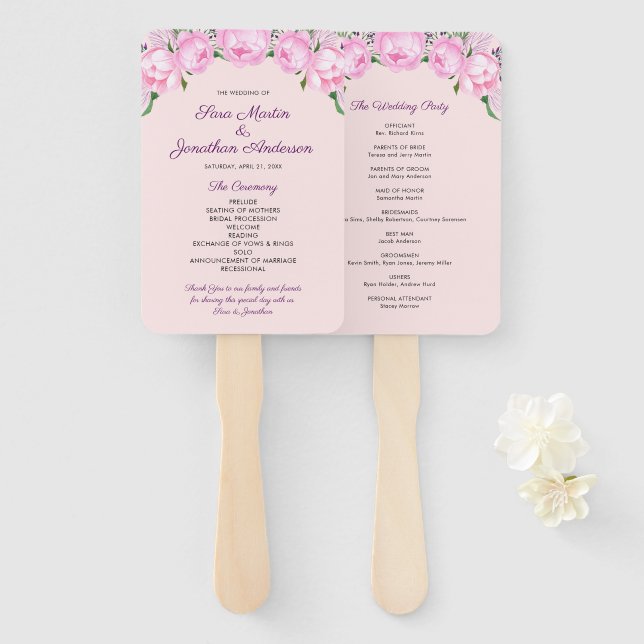 Éventail Aquarelle Pink Peonies | MARIAGE (Devant et derrière)