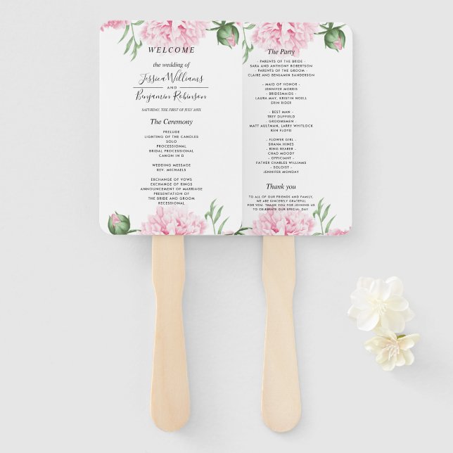 Éventail Aquarelle rose pivoine Mariage floral (Devant et derrière)