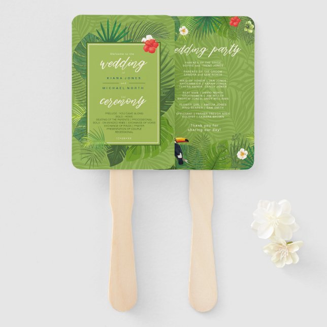Éventail Aquarelle Tropical Wedding Party Green ID577 (Devant et derrière)