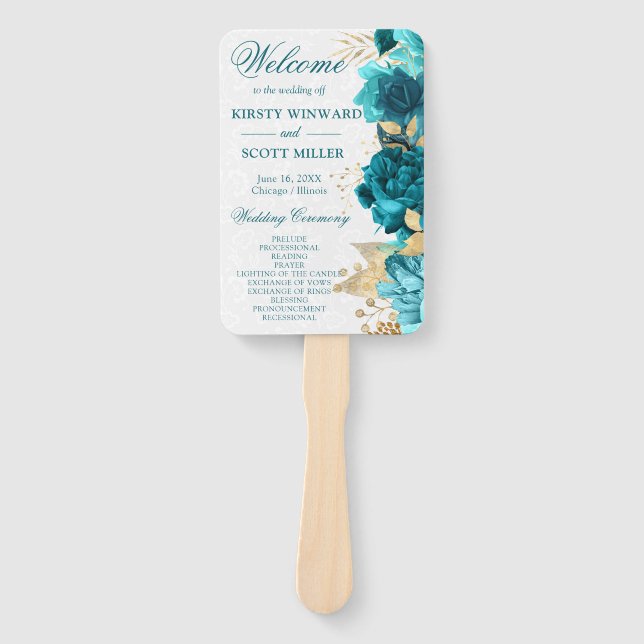 Éventail Aquarelle Turquoise et Mariage de fleurs d'or (Devant)