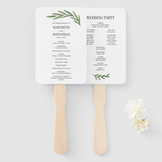 Éventail Aquarelle Verdure Feuille programme de mariage Fan (Devant et derrière)