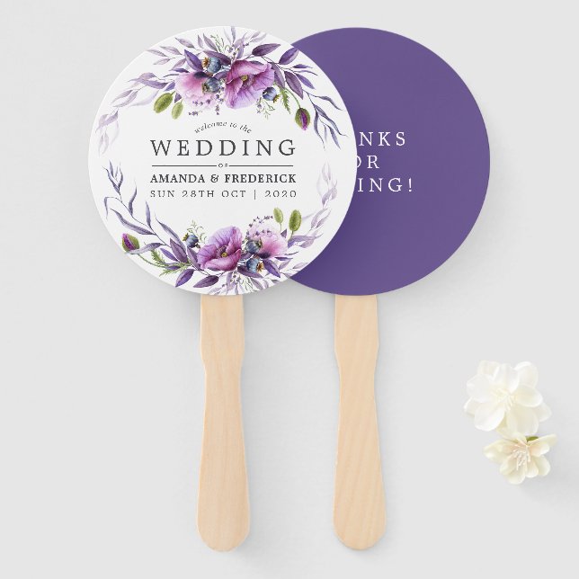 Éventail Aquarelle Violet Poppy Floral Wedder Favoriser (Devant et derrière)
