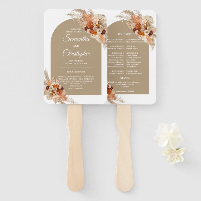 Éventail Arc fleuri boho tropical en terre cuite bordeaux (Devant et derrière)