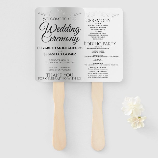 Éventail Argent Gradient & Flourish Elegant Wedding Program (Devant et derrière)
