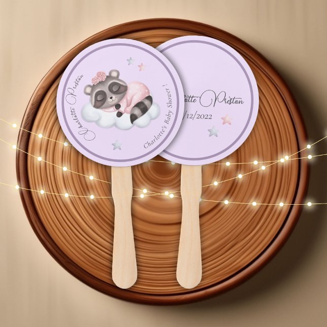 Éventail Baby shower de fille animale au raton laveur doux (Gentle Raccoon Animal Girl Baby Shower Hand Fan)