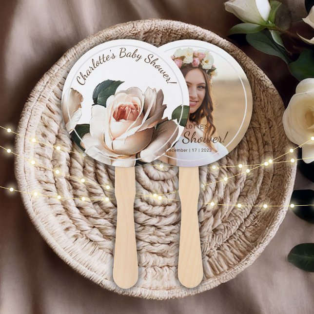 Éventail Baby shower fille Rose beige doux (Gentle Beige Rose Girl Baby Shower Hand Fan)