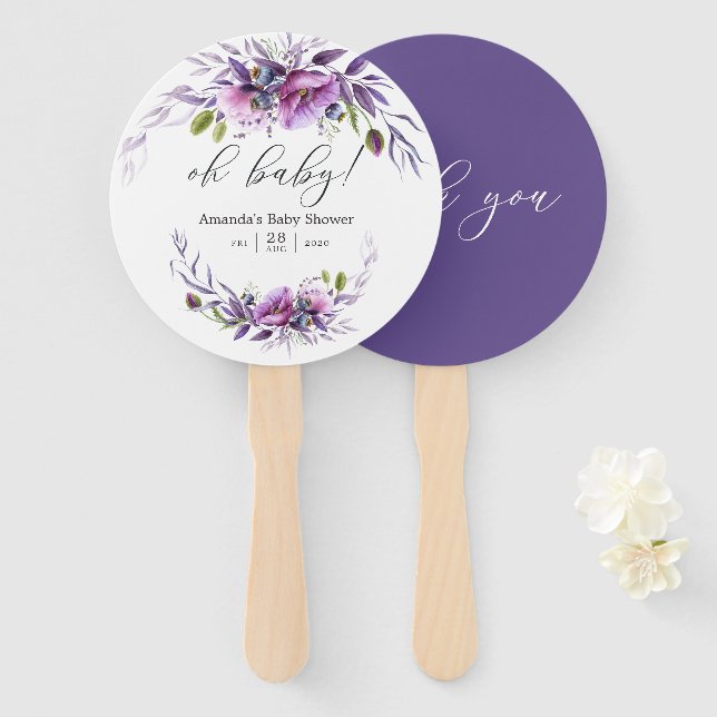 Éventail Baby shower floral violet d'aquarelle (Devant et derrière)