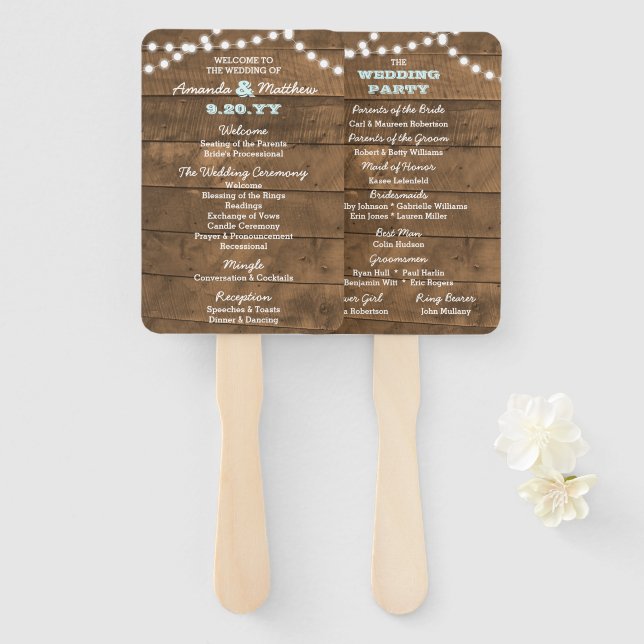 Éventail Barnwood Lights Aqua Wedding Programme de mariage  (Devant et derrière)