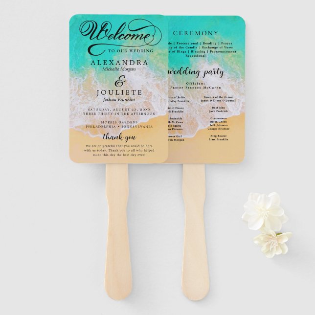 Éventail beach | Programme de mariage turquoise Ventilateur (Devant et derrière)