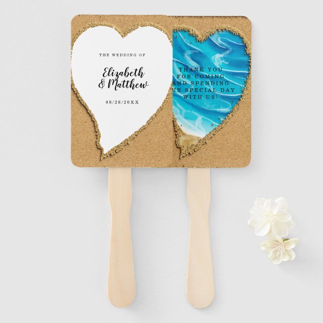 Éventail Beach Sand Heart Seashore Mariage Ventilateur main (Devant et derrière)
