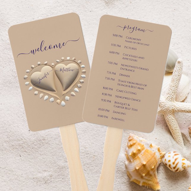 Éventail Beach Wedding Sand Hearts Programme de mariage (Beach Wedding Sand Hearts Wedding Program Hand Fan )