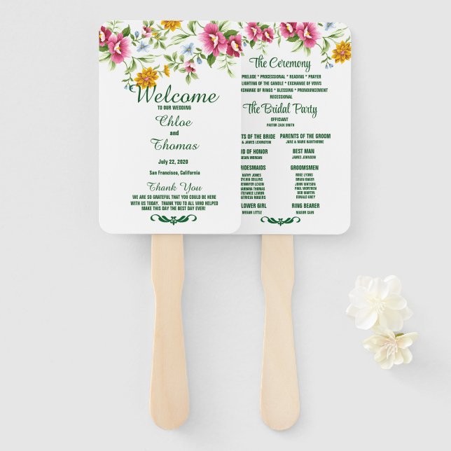 Éventail Beau programme de mariage de fleurs de printemps (Devant et derrière)