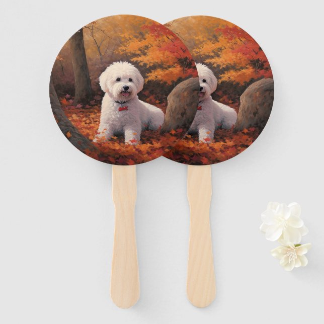 Éventail Bichon Frise en automne Feuilles automne Inspire (Devant et derrière)