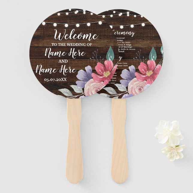 Éventail Bijoux Bois Floral Programme de mariage Fleurs Ven (Devant et derrière)