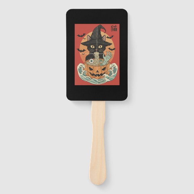 Éventail Black cat eats Japanese ramen for Halloween (Devant)