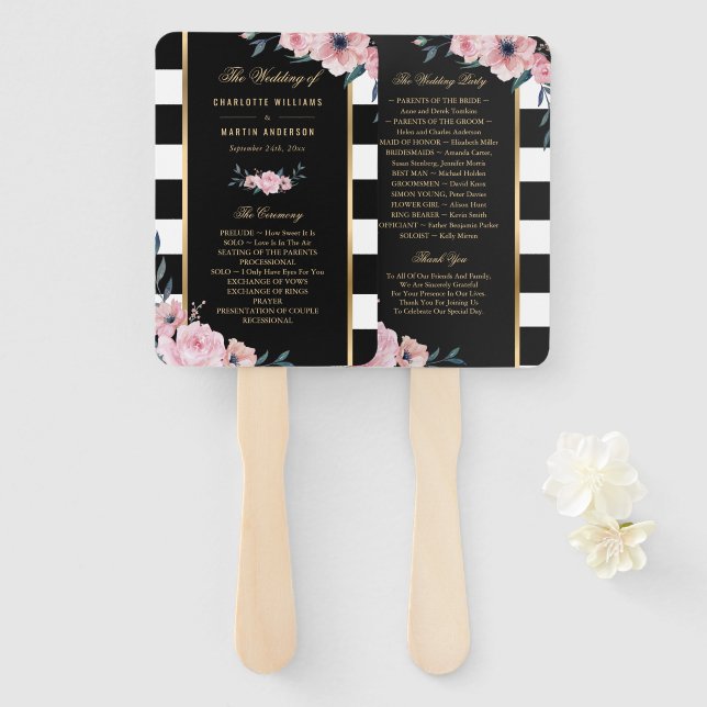 Éventail Black Stripes Pink Floral Wedding Programme (Devant et derrière)