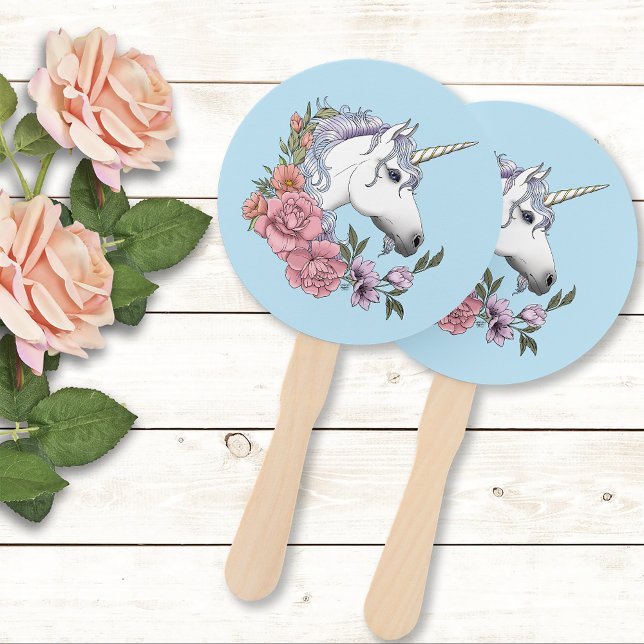 Éventail blanc Unicorne rose Fleurs Bleu (Créateur téléchargé)