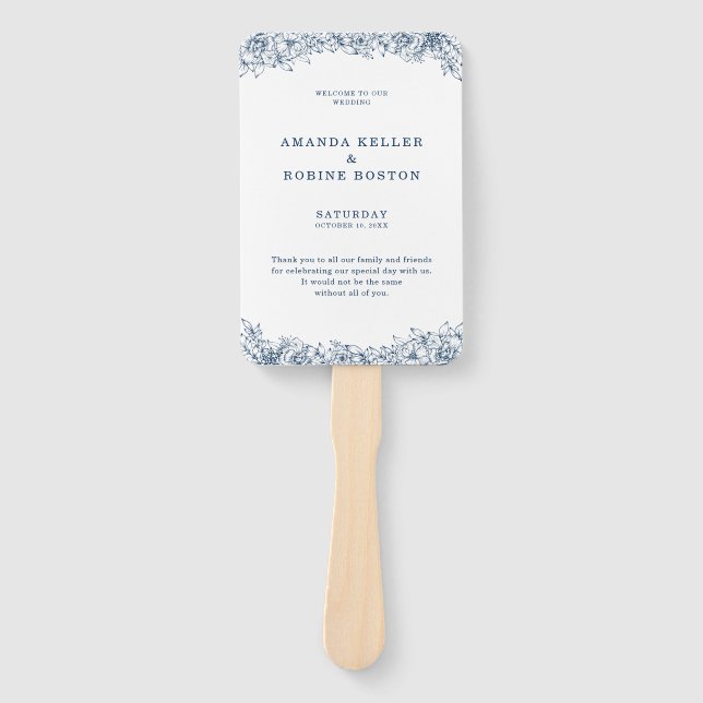 Éventail Bleu Blanc Fleur Élégant Mariage (Devant)