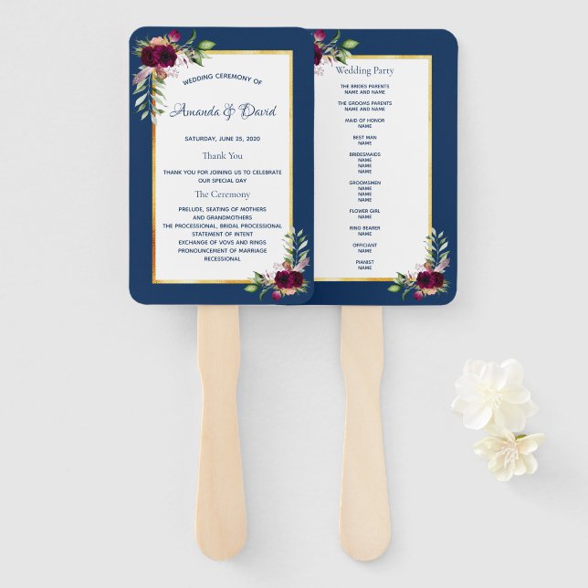 Éventail bleu marine mariage florales bordeaux (Devant et derrière)