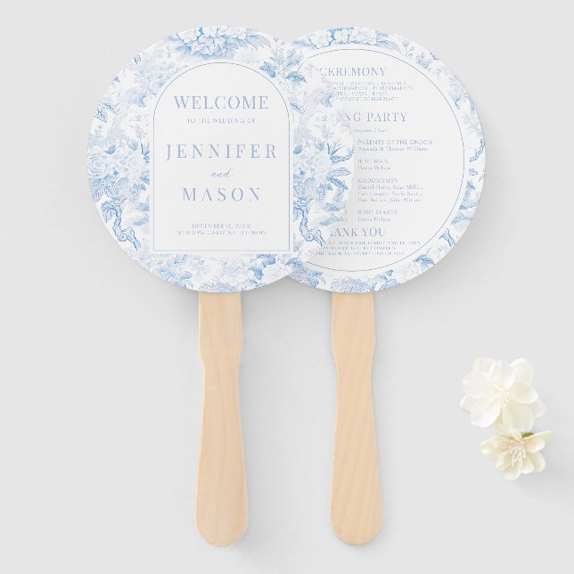 Éventail Blue Chinoiserie Porcelain Programme de mariage (Devant et derrière)