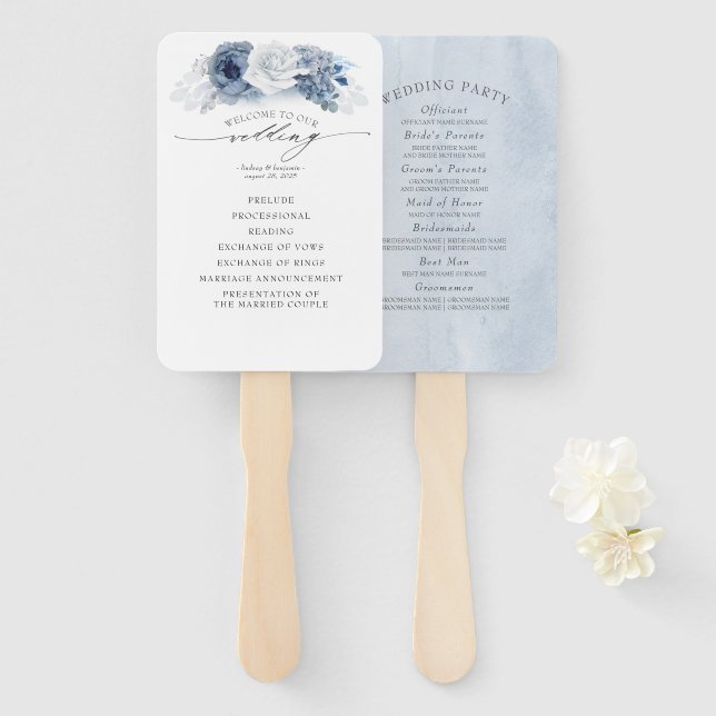 Éventail Blue Floral Élégant programme de mariage (Devant et derrière)