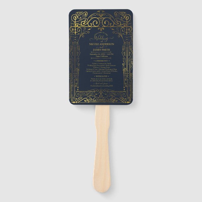 Éventail Blue Gold Deco Chic Glam Programme de mariage Vent (Devant)