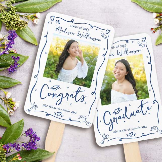 Éventail Blue Hand Drawn Doodle Graduation 2 Photo White (Créateur téléchargé)