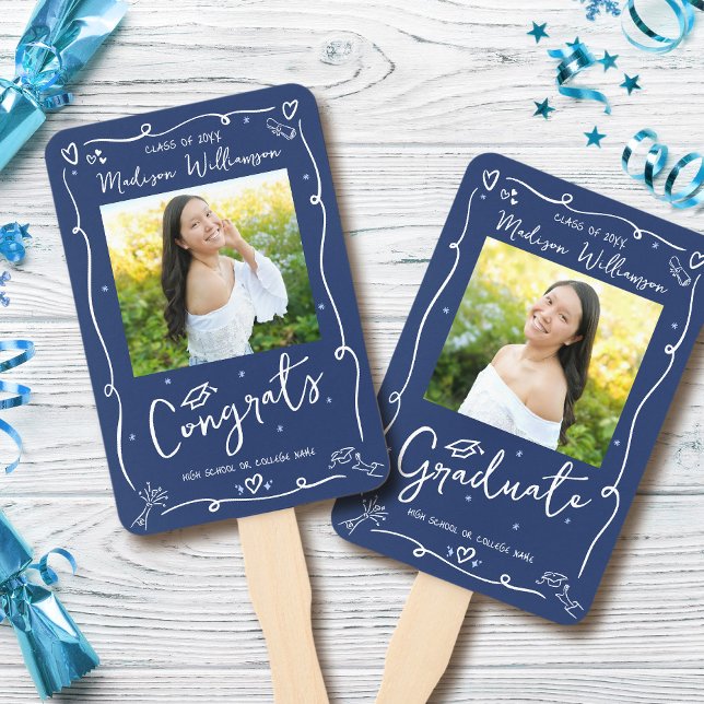 Éventail Blue Hand Drawn Doodle Style Graduation 2 Photo (Créateur téléchargé)