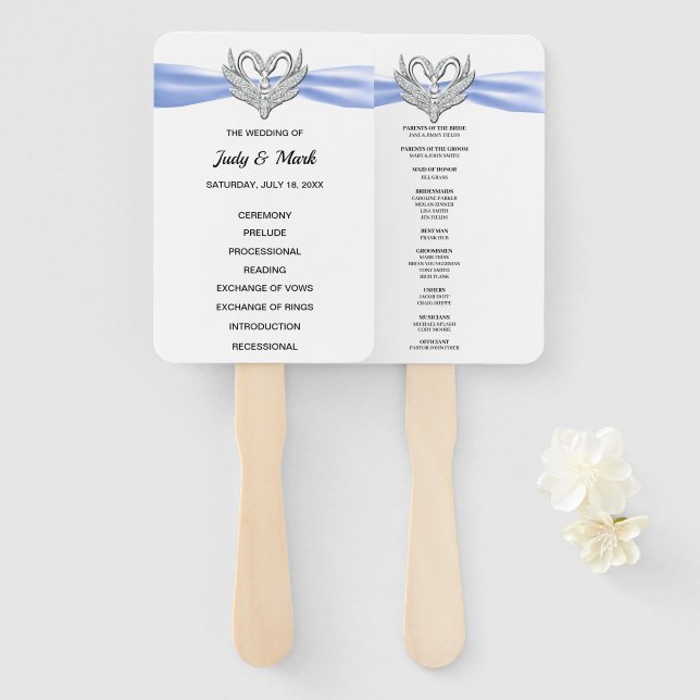 Éventail Blue Ribbon Silver Swan Programme de mariage Fans (Devant et derrière)