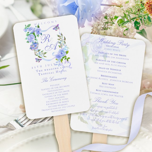 Éventail Blue Rose Ribbon Monogram Wedding (Blue Rose Ribbon Monogram Wedding Hand Fan Program)