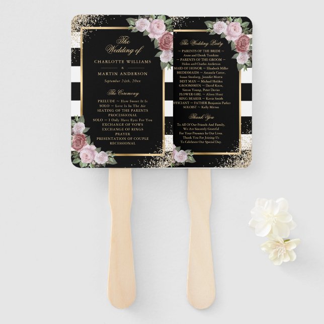 Éventail Blush Black Gold Confetti Floral Wedding Programme (Devant et derrière)