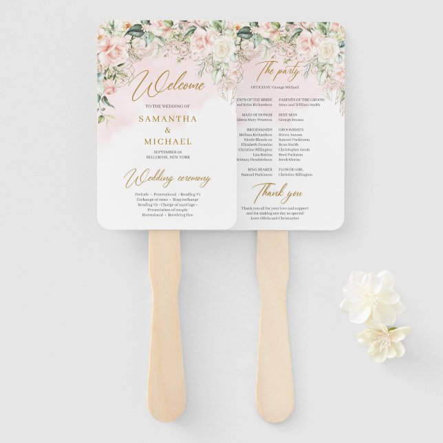 Éventail Boho Blush floral rose eucalyptus programme or (Devant et derrière)