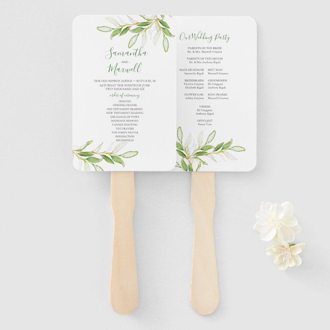 Éventail Boho Botanique Vert Aquarelle Feuilles (Devant et derrière)