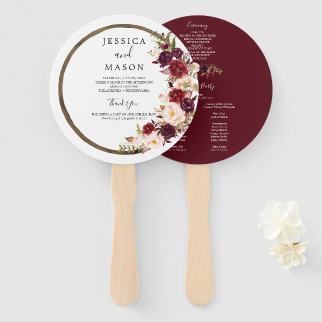 Éventail Boho Burgundy Marsala Mariage programme de fans (Devant et derrière)