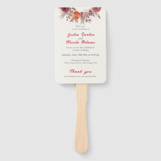 Éventail Boho de Bourgogne Rose Floral Pampas Mariage (Devant)