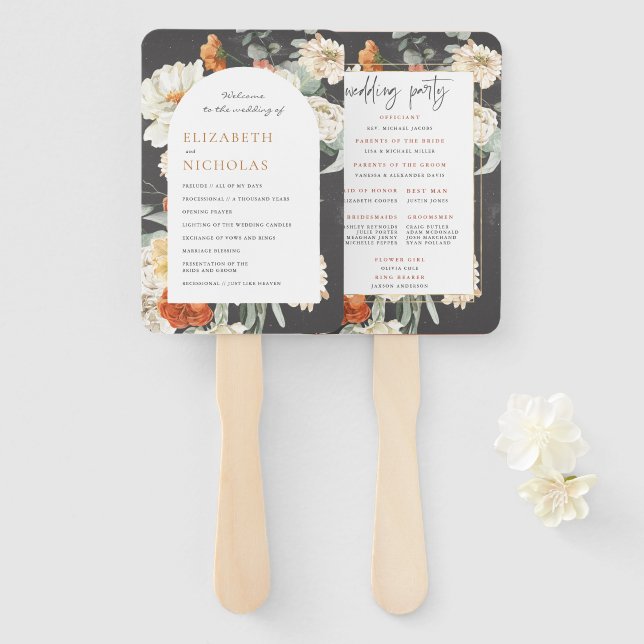 Éventail Boho Fleurs de Sombre Verdure | Programme de Maria (Devant et derrière)