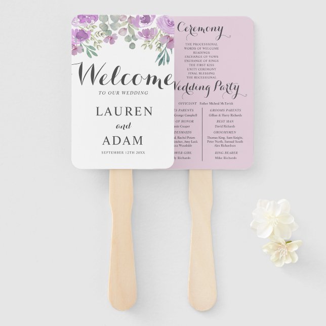Éventail Boho Floral Eucalyptus Programme de mariage rose (Devant et derrière)