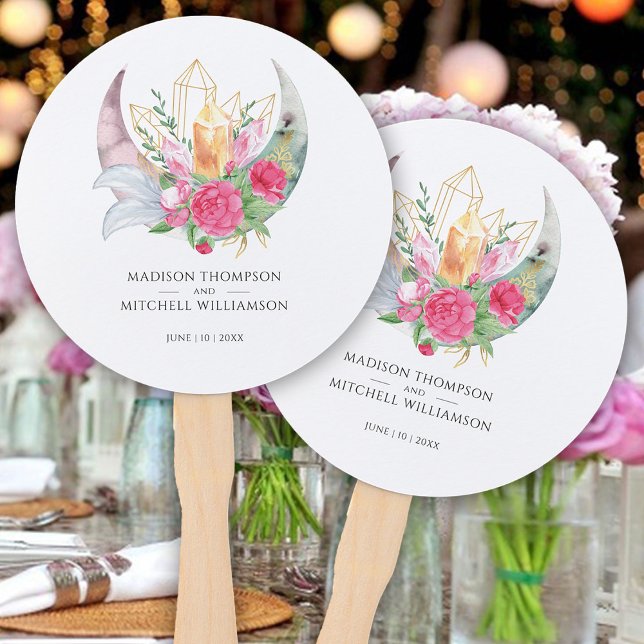 Éventail Boho Moon Crystals Plumes rose Fleurs Mariage (Créateur téléchargé)