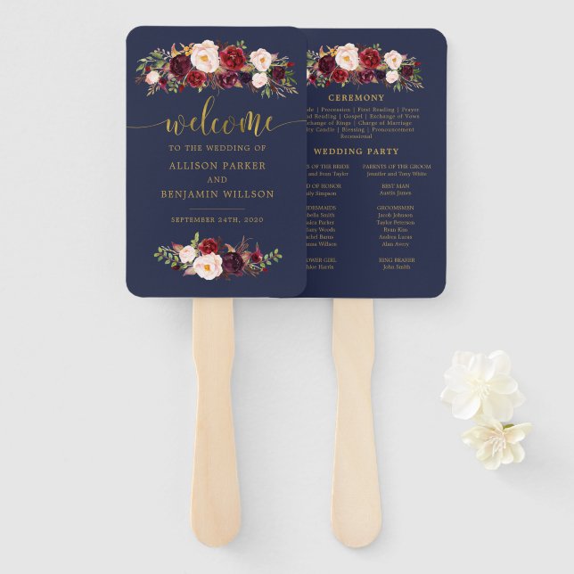 Éventail Boho Navy et Gold Floral Wedding Programme Fans (Devant et derrière)