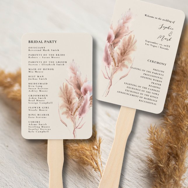 Éventail Boho Pampas Grass Wedding Program Hand Fan (Créateur téléchargé)