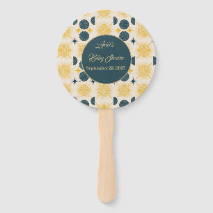 Éventail Boho Personnalisé Lune Soleil Étoiles Bleu Jaune