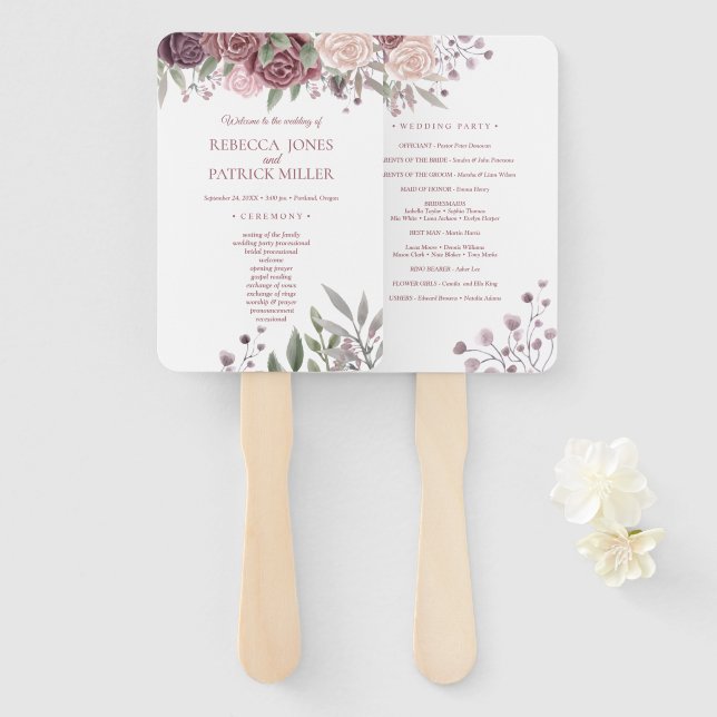 Éventail Boho Rustique Dusty Rose rose Fleurs Mariage main  (Devant et derrière)