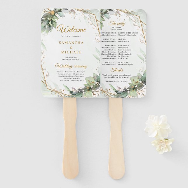 Éventail Boho Simple printemps vert et cadre or mariage (Devant et derrière)