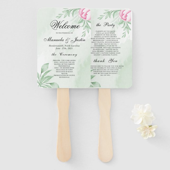 Éventail Boho Watercolor Eucalyptus Wedding Programme (Devant et derrière)