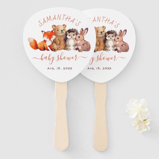 Éventail Bois Baby shower Aquarelle Animaux Rouge Script (Devant et derrière)