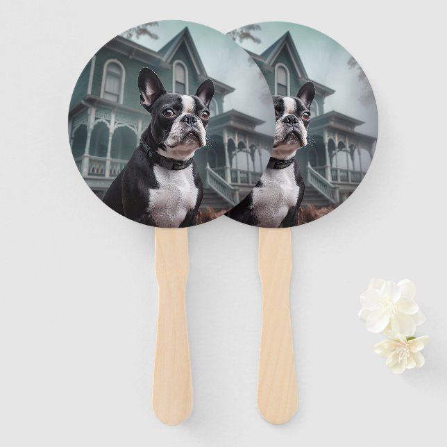Éventail Boston Terrier Halloween effrayant (Devant et derrière)