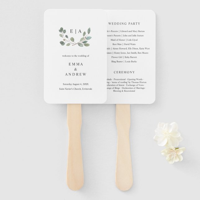 Éventail Botanique Eucalyptus Feuille Mariage programme de  (Devant et derrière)