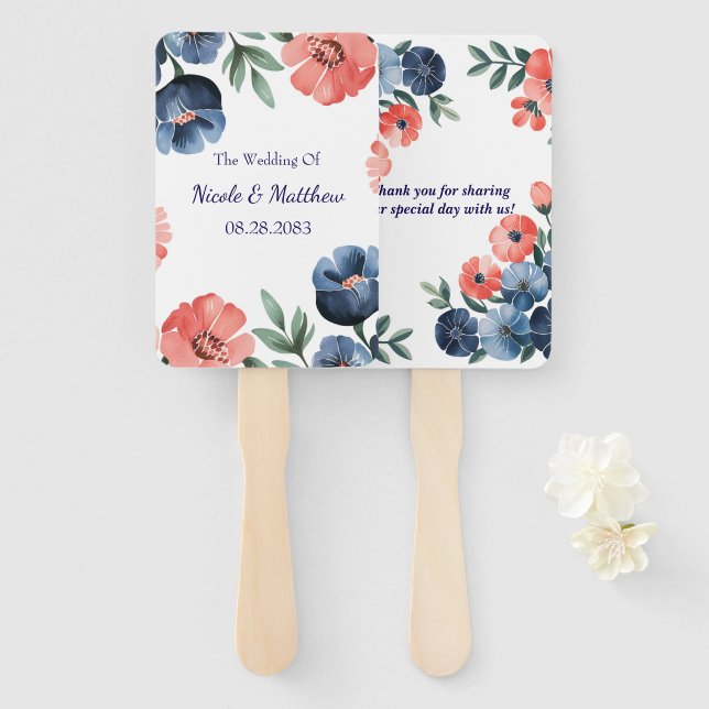 Éventail Bouquet Mariage bleu et corail (Devant et derrière)